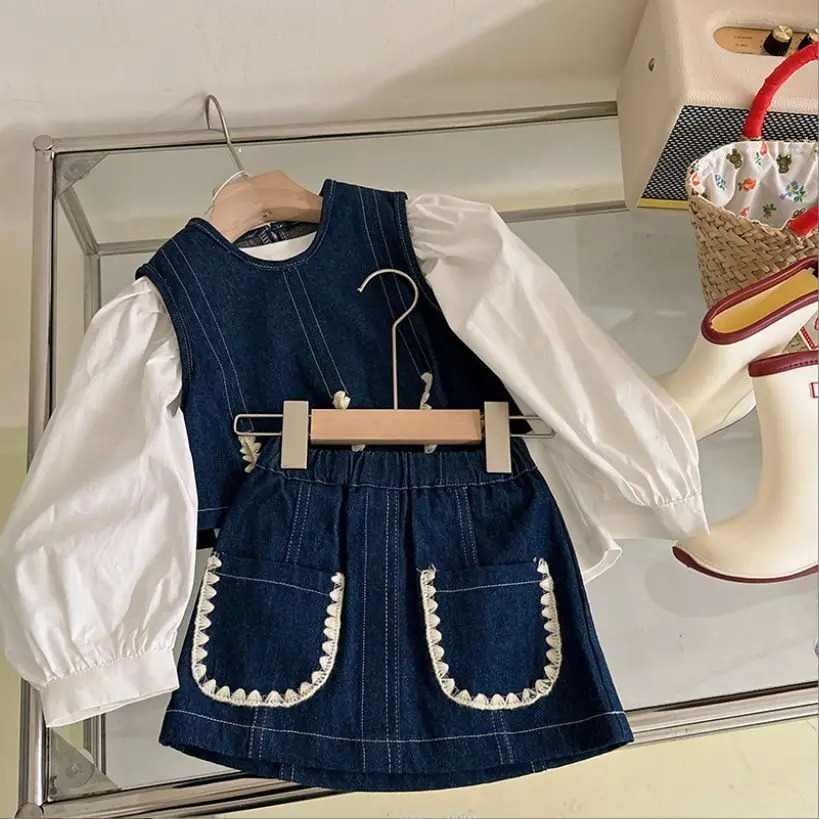 

Embroidery Girls Cowboy Three Piece Korean Elastic Waist Pocket Sweet