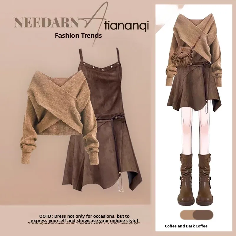 

Fall New Sle Versatile Slimming Knitted Cross Sweater Dr Two-Piece Set Retro Strap Dr Matching Ele Women's Faion