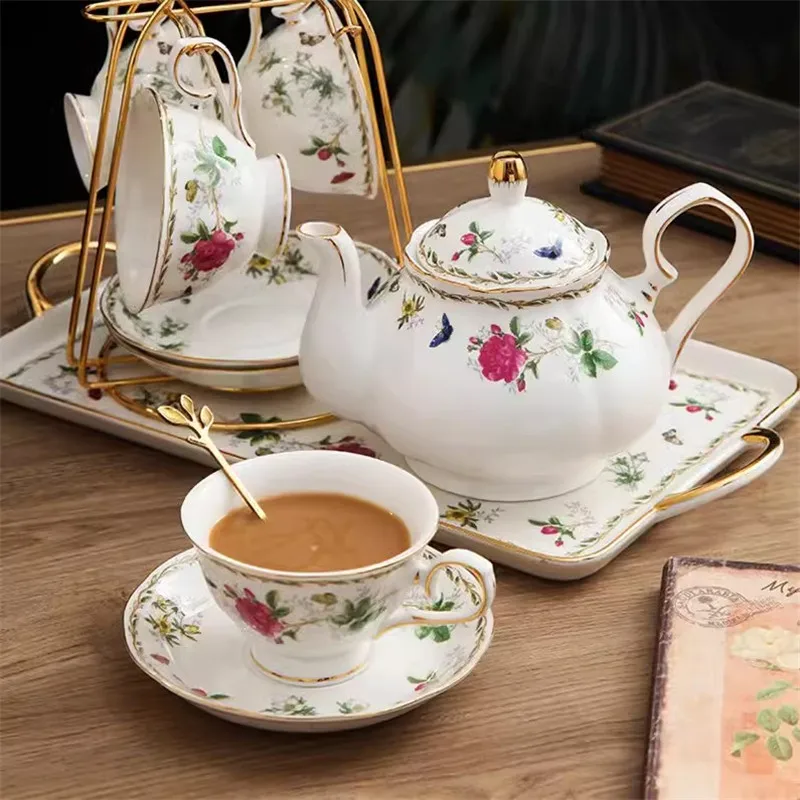 Ceramic Coffee Cup & Saucers With Spoon Tableware Kitchen Utensil Milk Tea Water Flower Bone China Porcelain Coffee Pot Tray New