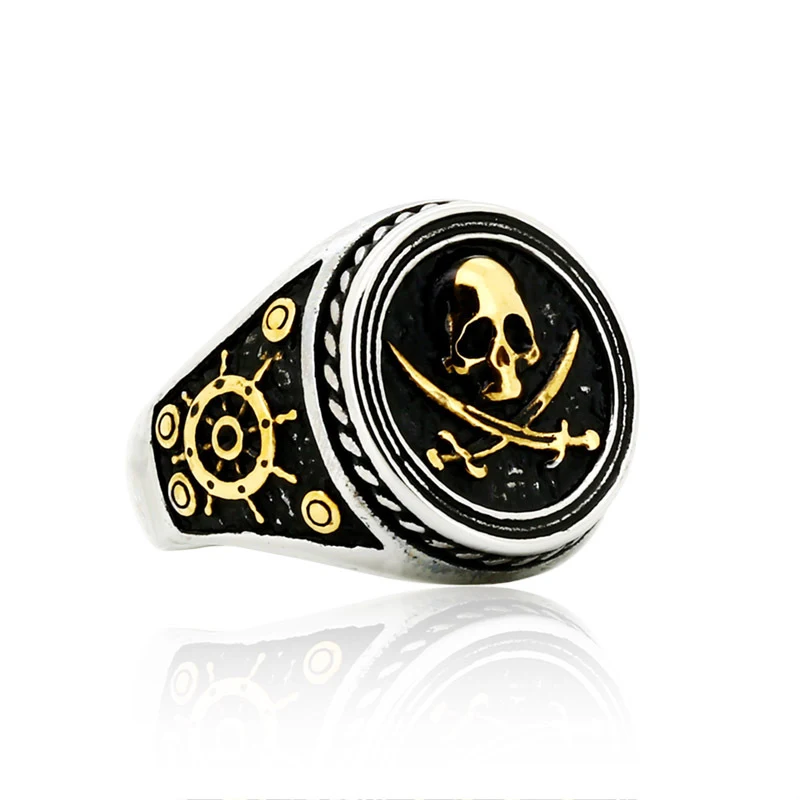 Viking Pirate Signet Double Knife Skull Rings for Men Stainless Steel Viking Ring Biker Amulet Vintage Jewelry Gift Dropshipping