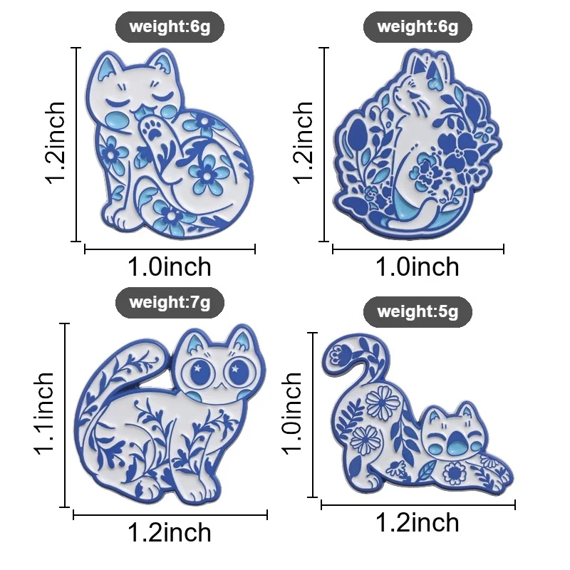 Blau-weiße mediterrane Blumen-Katzen-Emaille-Pin, Cartoon-Retro-Keramik-Kätzchen-Metallbrosche, Taschen-Reversnadel, Schmuckgeschenk für einen Freund – Detail 1