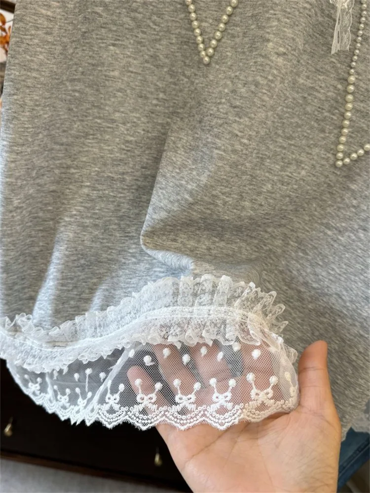 Faionable Heavy Embellied Lace Patchwork ort Sve T-irt ex Summer Vintage ey Casual Versatile Women's Top