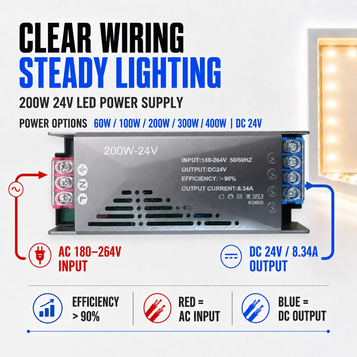 24V Slim LED Power Supply 60W-400W AC180-264V Constant Voltage Driver with Full Power 60W 100W for LED Strips Light Boxes Signs