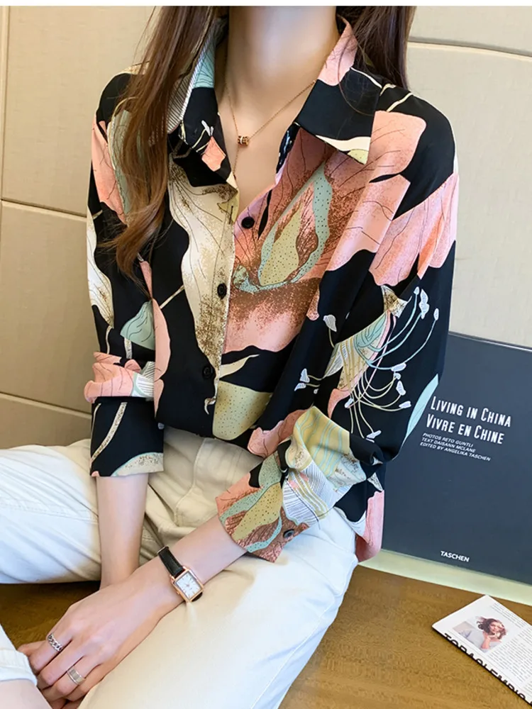 #3124 Spring Vintage Printed Chiffon Shirts Women Loose Floral Printed Shirt Blouse Femme Long Sleeve Womens Tops And Blouses