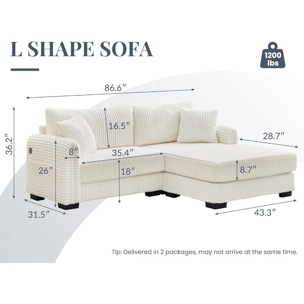 أريكة مقطعية على شكل حرف L، أريكة سروال قصير كبيرة الحجم مع كرسي قابل للعكس، منفذ شحن USB، جيب جانبي #2