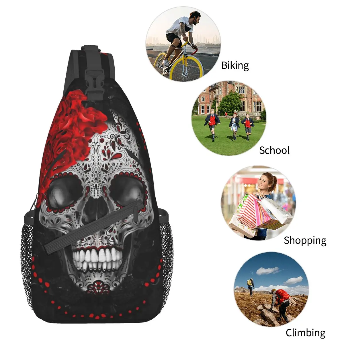 Sugar Skull-Sac à bandoulière en dentelle rose noire, sac à dos de poitrine cool, sac à dos initié, sac à dos pour la randonnée, sac à livres de sports de plein air