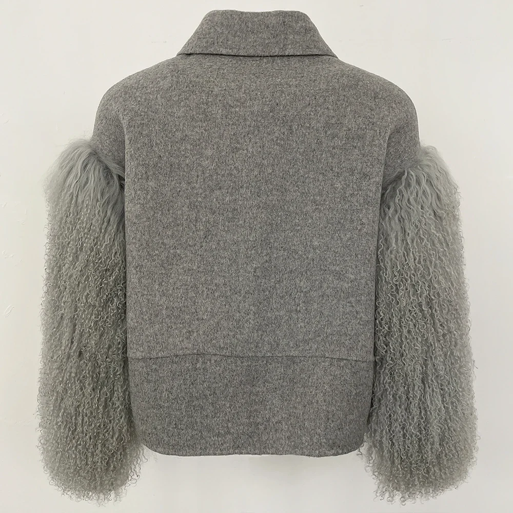 เสื้อโค้ทขนสัตว์แท้ของมองโกเลียสำหรับผู้หญิง แขนยาว แต่งขนแกะที่ปลายแขน มีกระเป๋า เสื้อคลุมตัวสั้น ผ้าขนสัตว์ผสม สำหรับฤดูใบไม้ร่วง