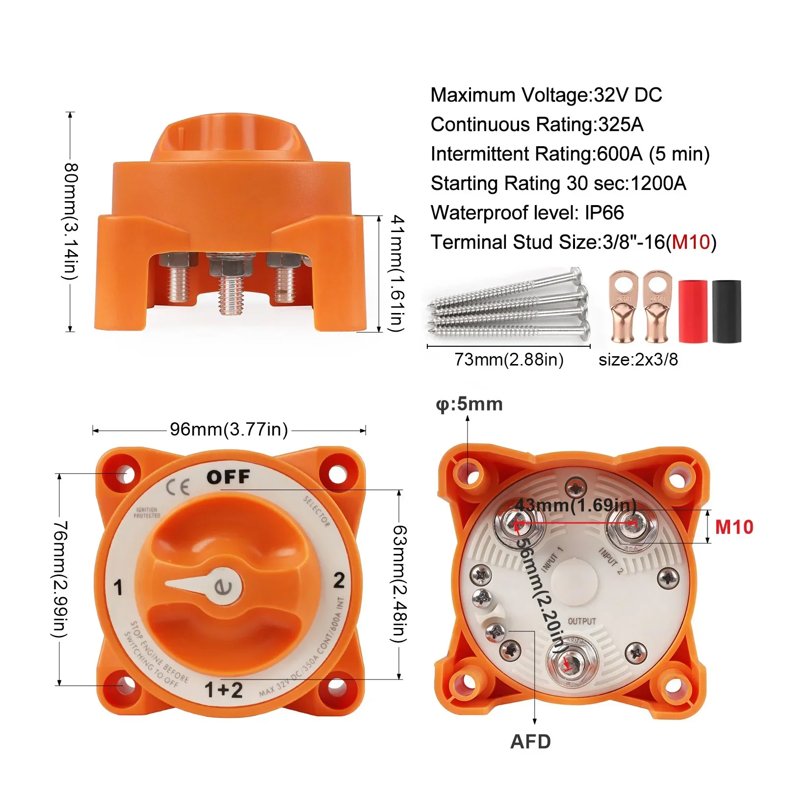 Marine Boat RV Camper Selector 4 Position Dual Battery Isolator Disconnect Switch AFD 12V 325A Terminal Stud M10 With Cable Lug