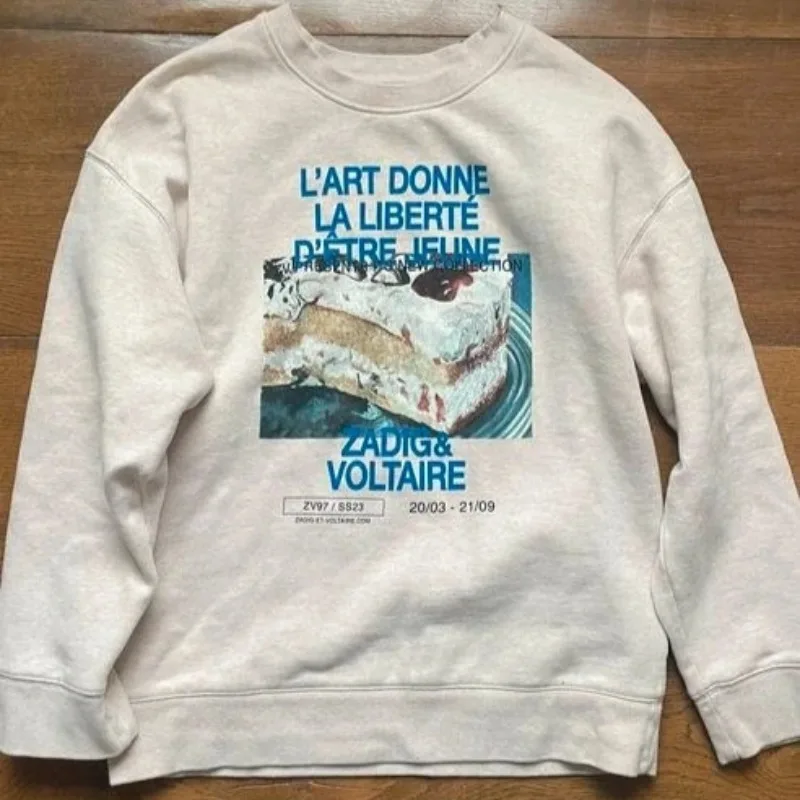 Americano casual hoodie rua retro moda bolo impressão manga longa moletom outono feminino harajuku em torno do pescoço solto topos