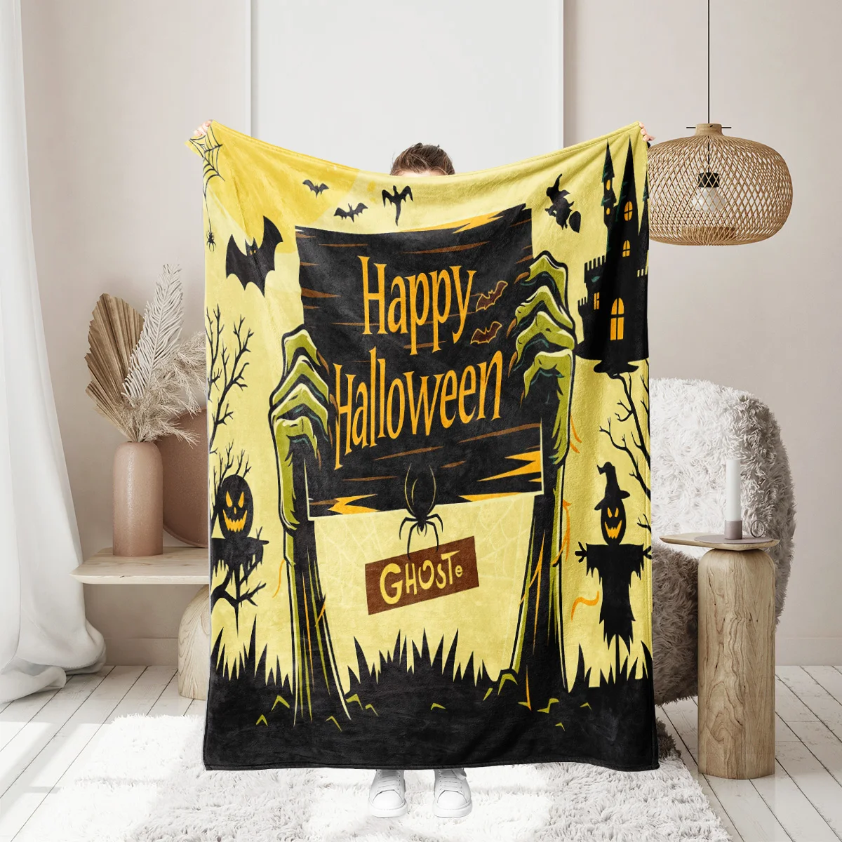1PC Happy Halloween pattern printed blanket, suitable for sofas, beds, offices, travel, a warm plush blanket for Halloween gift