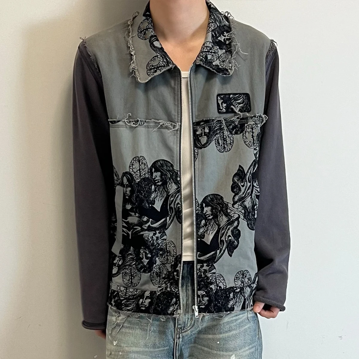 

NIGO Men's Autumn And Winter Gray Printed Lapel Long Sleeve Denim Jacket High Street Trend Hip Hop Jacket #NGTOP12189