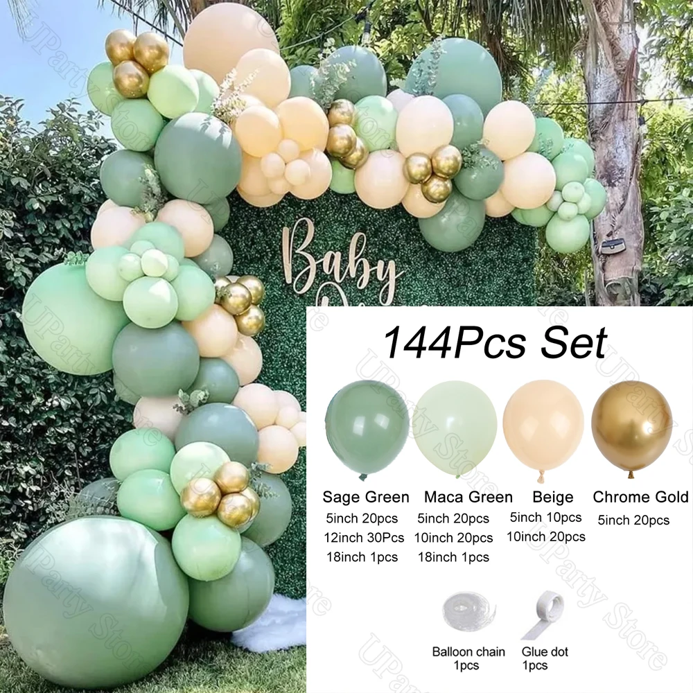 1 Set Mint Green Balloons Garland Chrome Gold Boho Beige Maca Retro Sage Green Balloon Arch for Baby Shower Birthday Party Decor