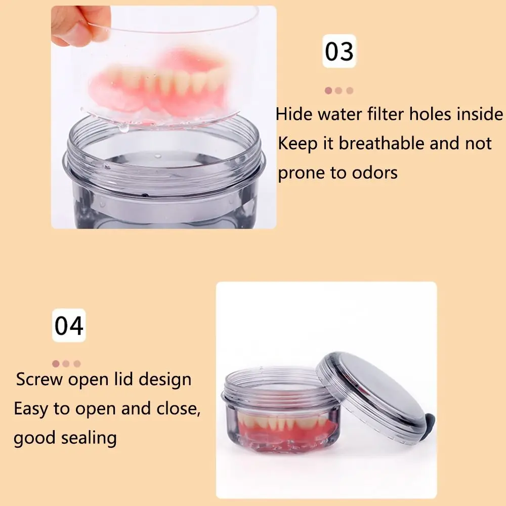 Impact-resistant Denture Cleaning Box Leakproof Food Grade Denture Soaking Cup Large Capacity Silicone Handle False Teeth Holder