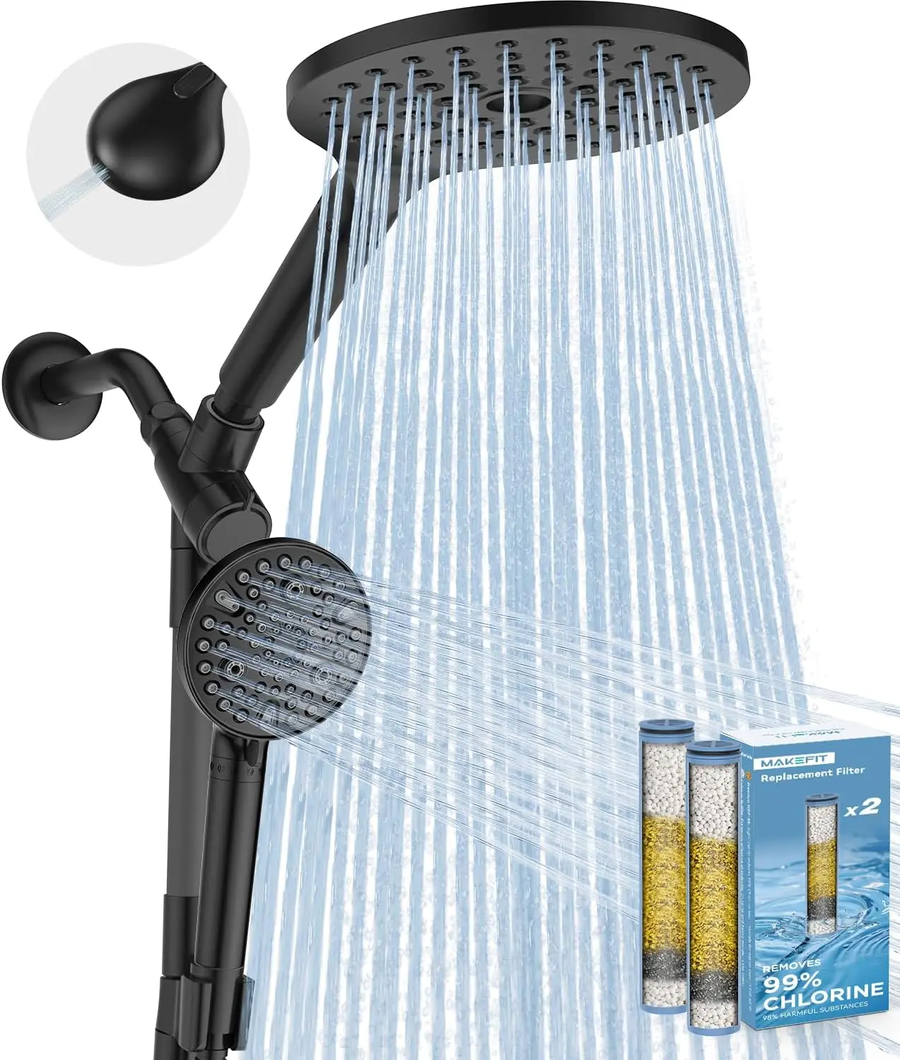 

Dual Filtered Rain Shower Head Combo with Adjustable Bar - High Pressure Handheld for Hard Water Removal
