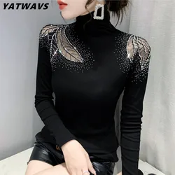 High Quality New Autumn Women Long Sleeve T-Shirt Tops Fashion Casual Turtleneck Sexy Hollow Out Hot Diamonds Mesh Tees Blouse