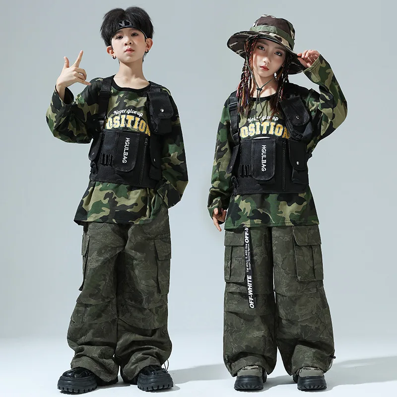 

Kid Cool Hip Hop Clothing Green Sweatshirt Camouflage Casual Ruched Cargo Baggy Pants for Girl Boy Jazz Dance Costumes Clothes