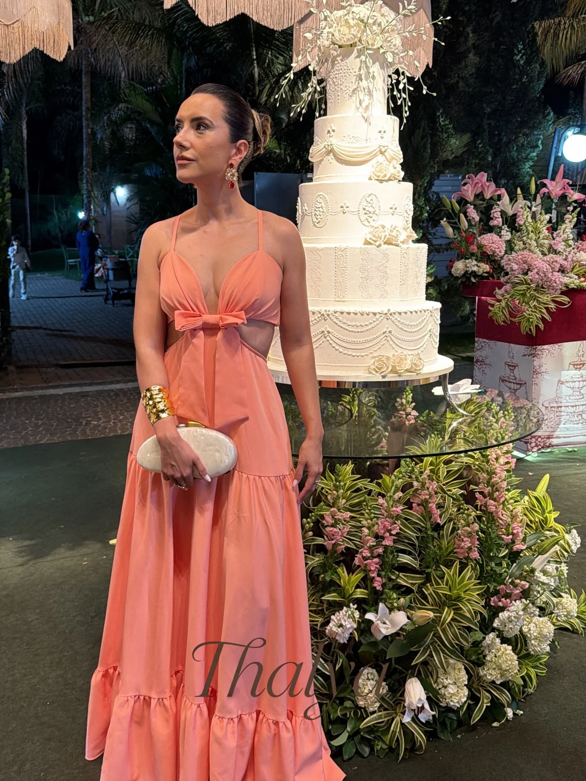 Thalya Spaghetti Strap Evening Dress for Women V Neck Bow Cutout Waist Long Formal Party Gown Custom Made Wedding Guest Dress