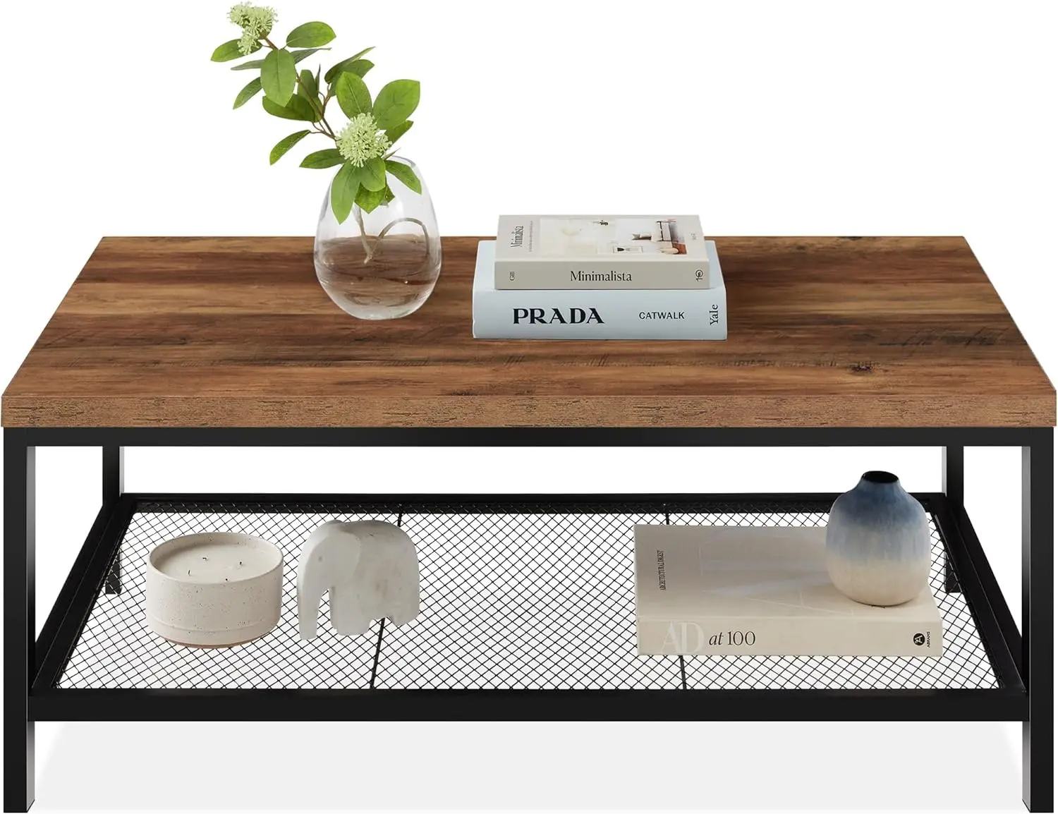 Mesa de centro grande, mesa de centro Industrial Rectangular de grano de madera, 2 niveles