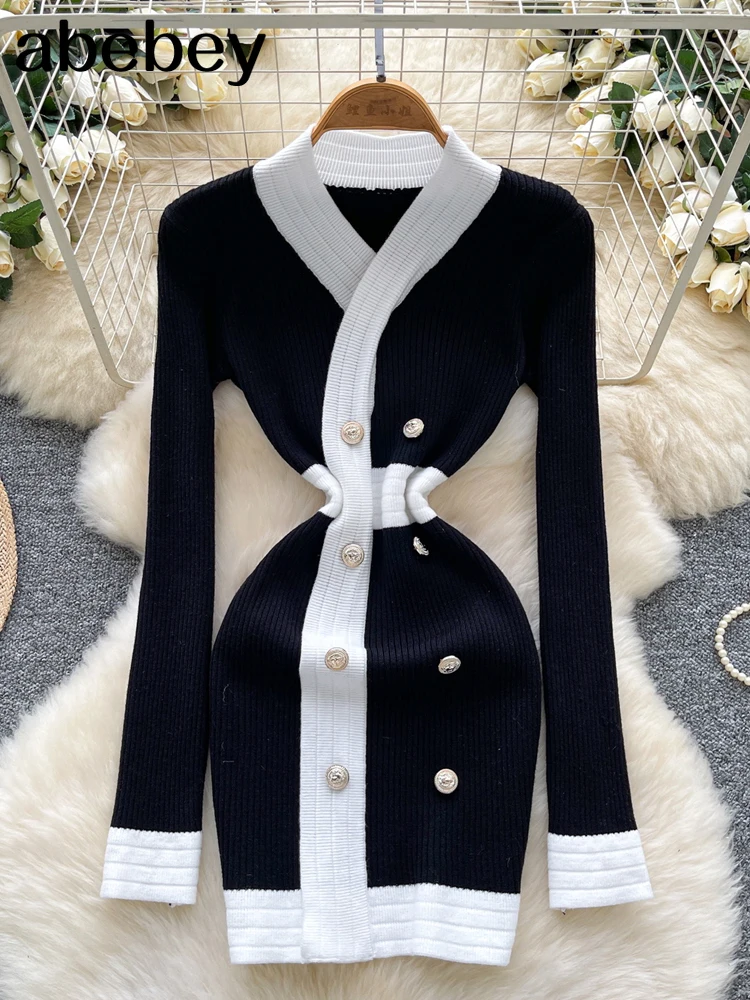 

Винтажное платье во французском стиле, осеннее платье с v-образным вырезом и длинным рукавом, классическое мягкое офисное женское элегантное вязаное облегающее платье, платья de mujer