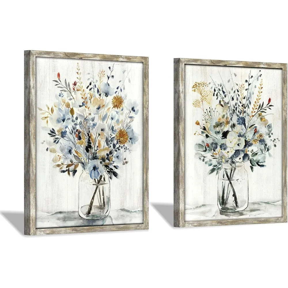 

Floral Picture Wall Art Painting: Blossom Bouquet Flowers Prints on Rustic Wood and Handcrafted Wooden Framed Artwork