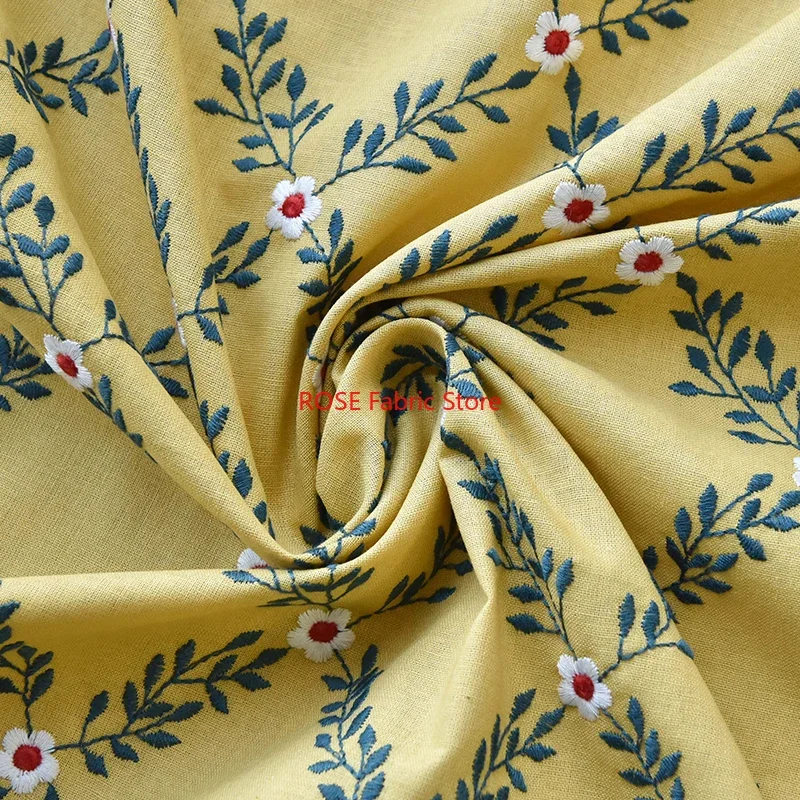 3D Flower Embroidered Cotton Linen Fabric For skirts, dress, tops, table cover, costumes design, hair accessories sewing