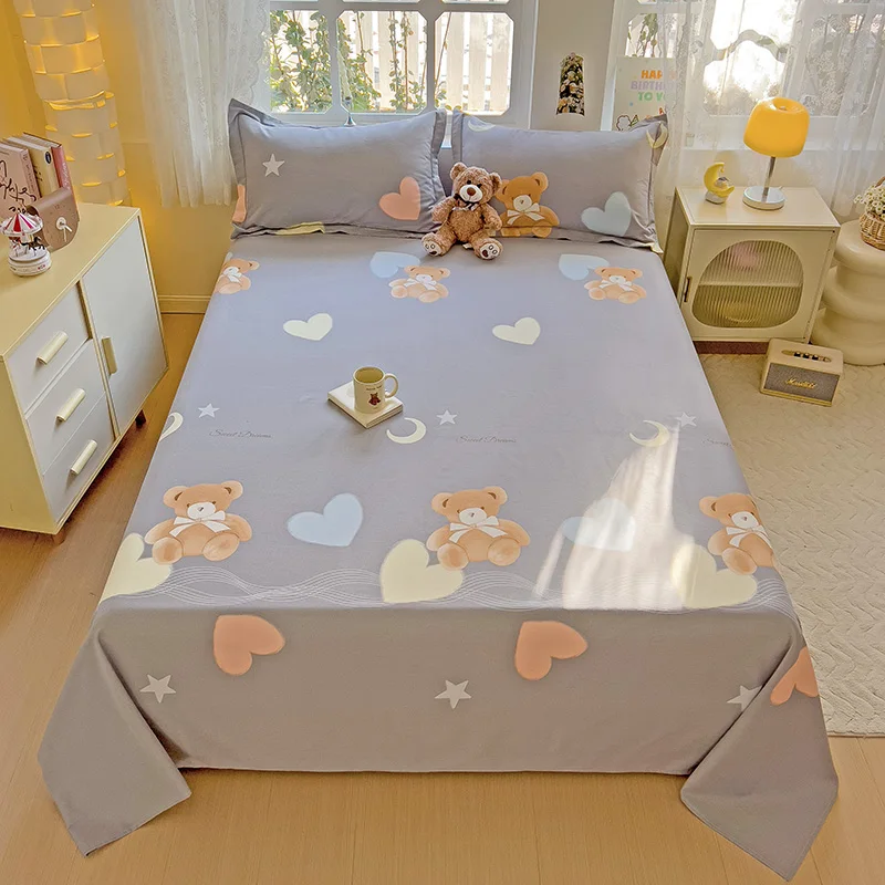 

Cartoon Bear Bed Sheet Set Kawaii Bear Love Hearts Printed Bedding Set 100% Cotton Skin-friendly Soft Flat Sheet for Kids Teens