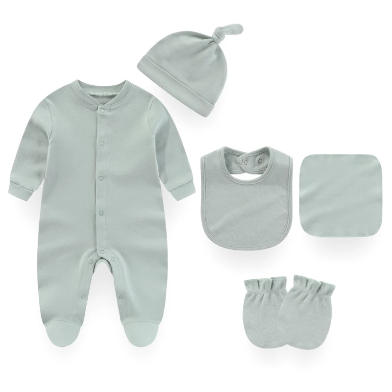 Kiddiezoom 7 Colors Solid Unisex Newborn Baby Girl Clothes Rompers+Burp Cloth+Bib+Hats+Gloves 100%cotton Soft Baby Clothing Sets