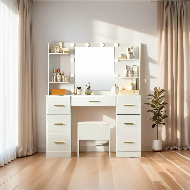 Large Makeup Vanity Desk with Built-in Folding Mirror and 6 Drawers, Folding up Mirror, Dressing Table, Chair, for Bedroom,White