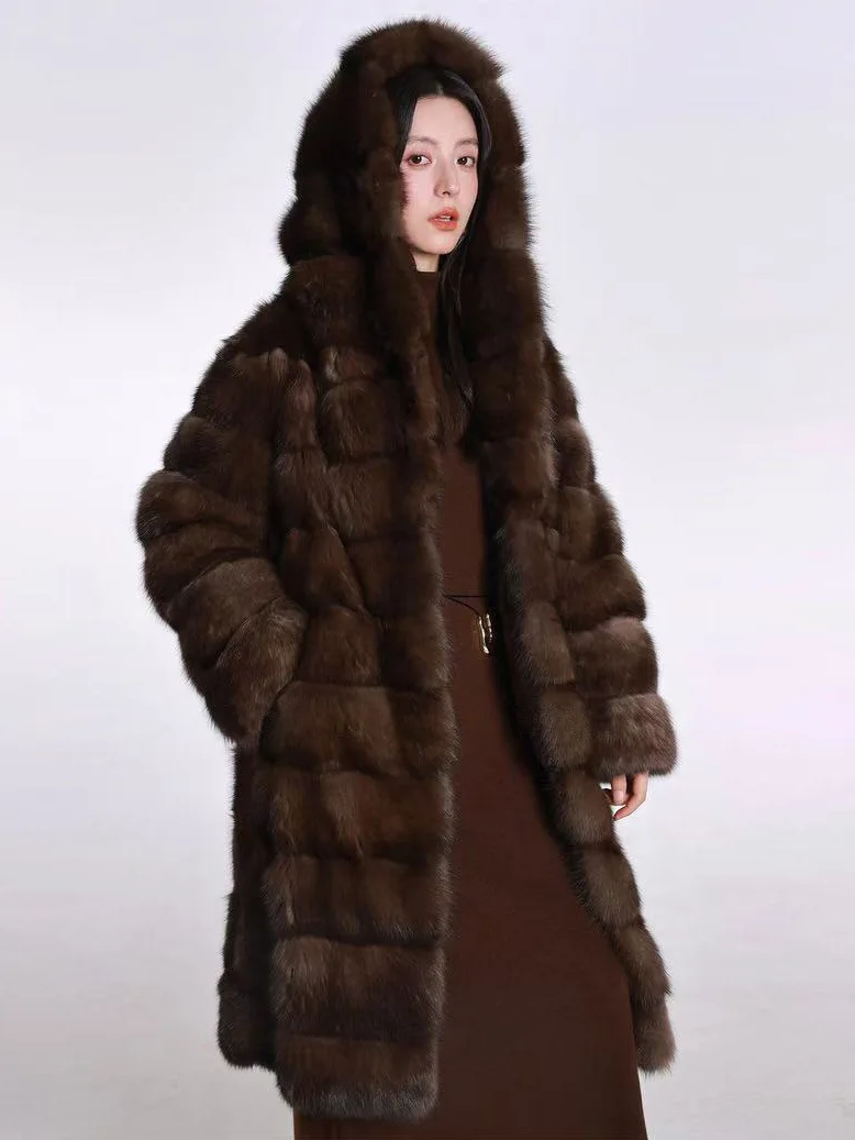 秋冬フェイクセーブルファーコート エレガントラグジュアリーシック 厚手 暖かい ソフト レディース フード付き 高品質 ふわふわジャケット パーカー