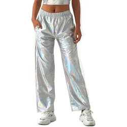Women Shiny Hip Hop Trousers Laser Metallic Wetlook Wide Leg Pants Retro Disco Hippie Club Skinny Bell Bottoms Streetwear Adult