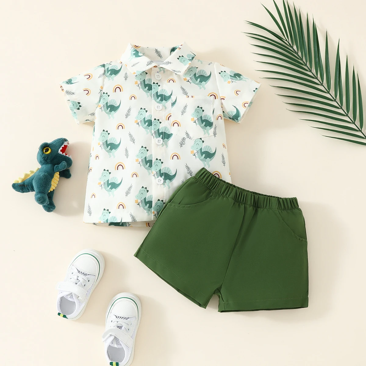 Baby Boy Summer Dinosaur Pocket Short-sleeved Shirt + Solid Color Pocket Shorts Casual Two-piece Set