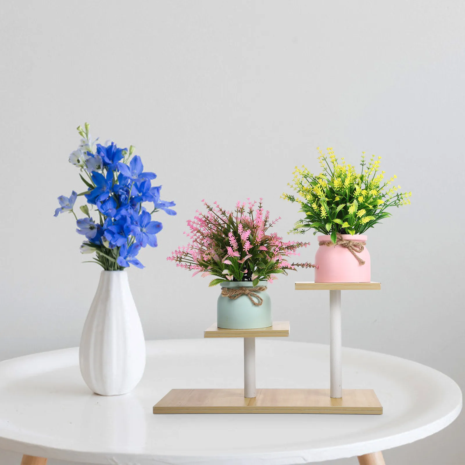 3-Tier Indoor Office Table Plant Stand Metal Density Board Flower Pot Shelf Holder Desktop Bonsai Display Decorative Storage