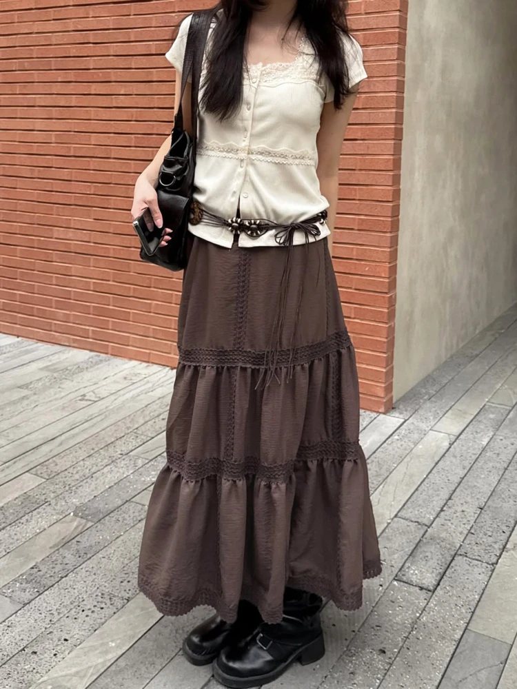 

Amyway Medieval Brown Patchwork f Skirt Women's Design Slimming Casual Skirt High Waist A-Line Polyester Summer 2025