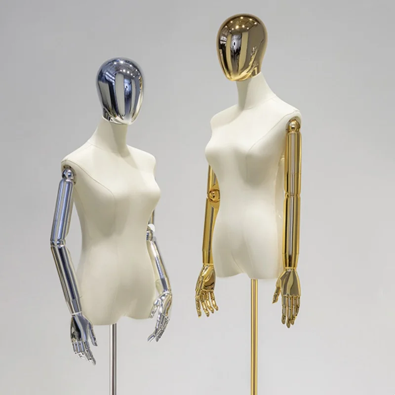 Fabric Cover Female Half-Body Mannequin Gold/Silver Arm Metal Base for Wedding Cloting Display Dress Form Adjustable Rack