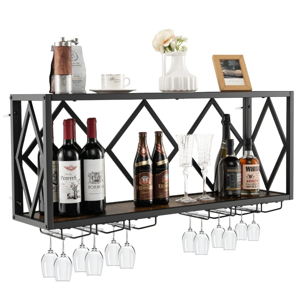 

Wall Mounted Wine Rack Industrial Storage Display Shelf Glass Holder Kitchen