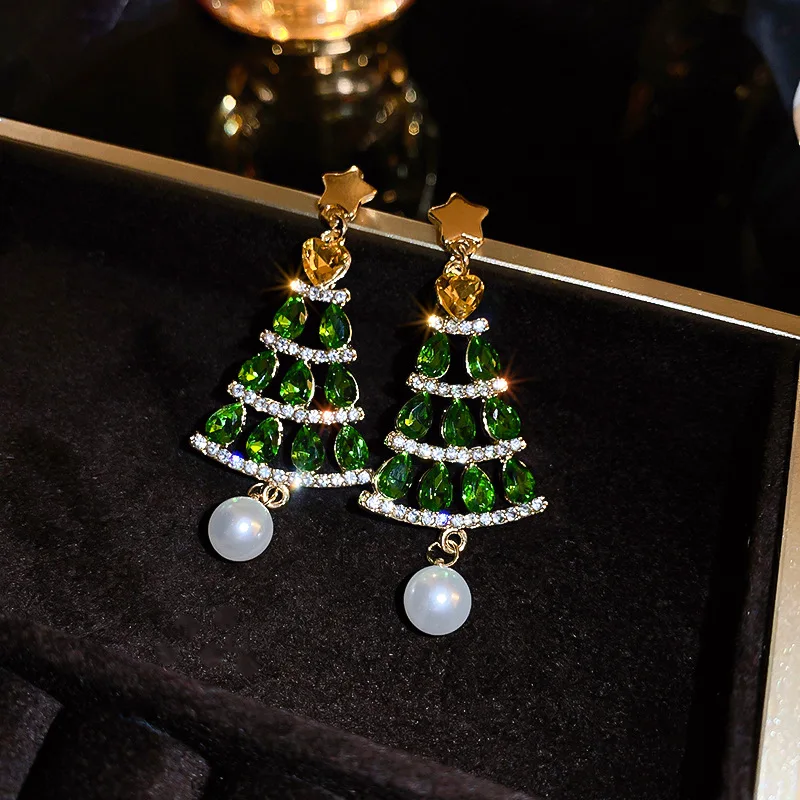 Star Pearl Christmas Tree Earrings for Women Fashion High-end Inlaid Rhinestone Drop Earring Temperament Luxury  Jewelry Gift