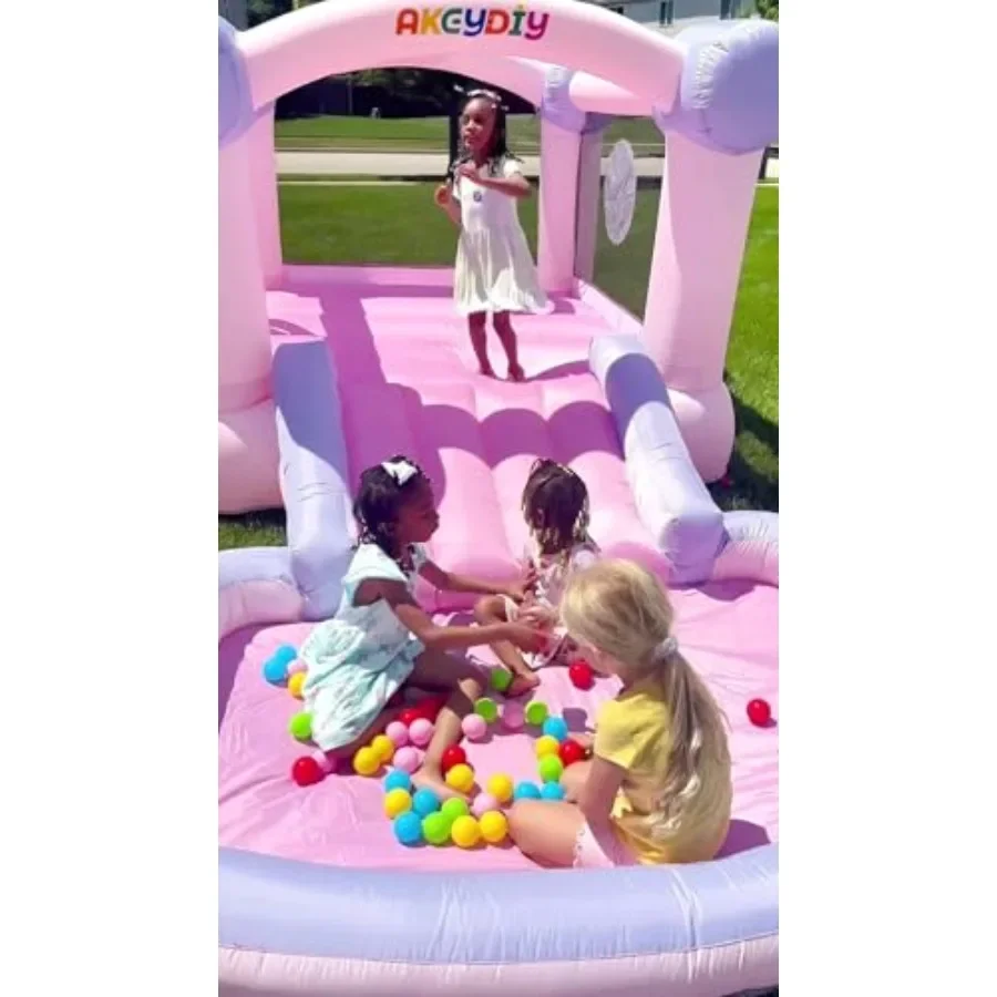 Dmuchany domek do skakania dla dzieci z dmuchawą w zestawie, różowy domek do zabawy wewnątrz/na zewnątrz, domek do skakania dla dzieci w stylu makaroników.