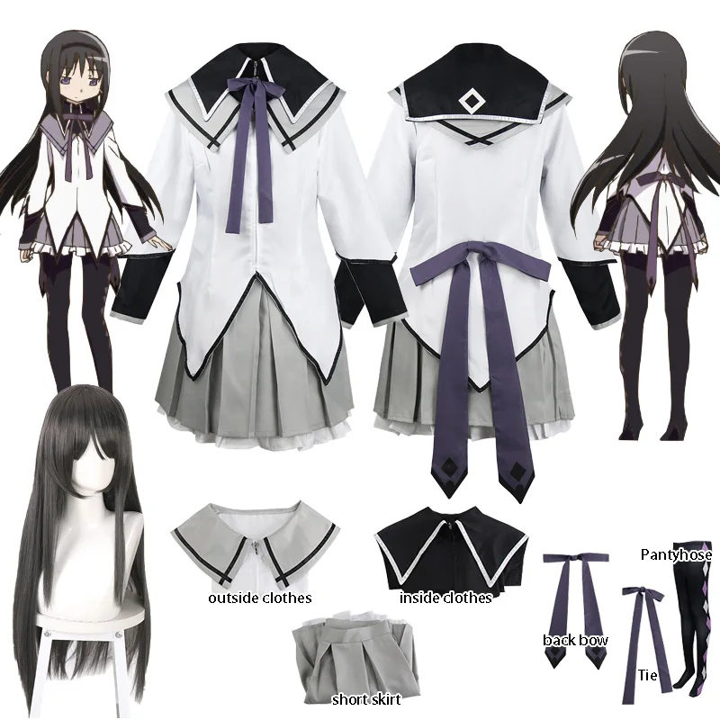 Ainime Puella Magi Madoka Magica Cosplay Akemi Homura Cosplay Costume Short Skirt Jk Uniform with Bowknots Wig Halloween Party