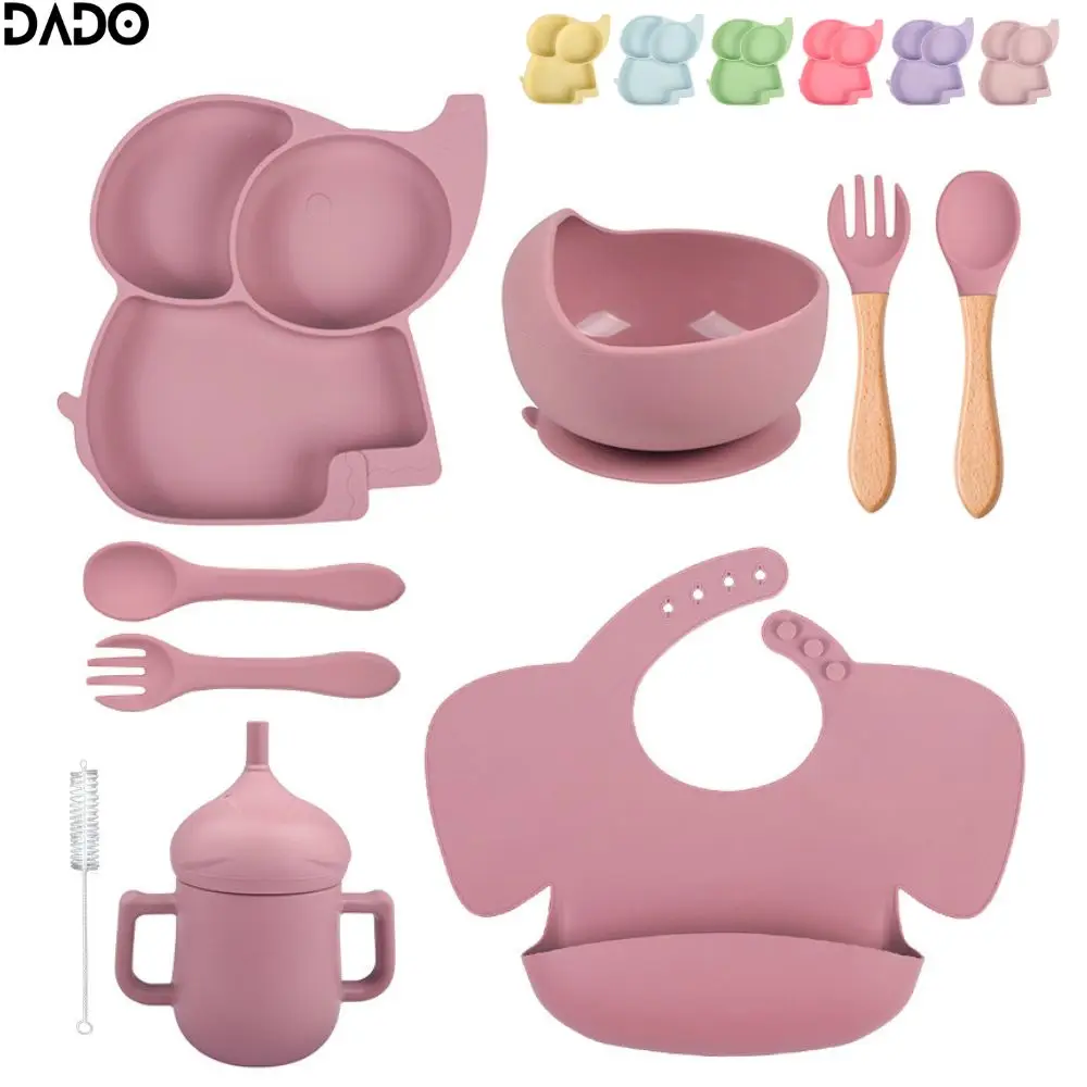 

Cute Baby Led Weaning Supplies Silicone Dinning Plate Feeding Set Silicon Suction Bowl Bib Cup Self Eating Dishes Spoon Elephant