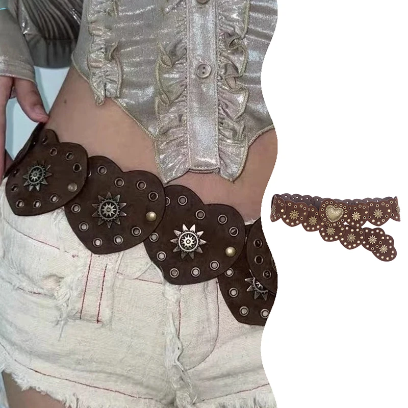 1pc Cintura a cuore in PU Cintura retrò con fibbia a cuore grande Cintura da donna Cintura in denim occidentale con rivetti larghi Cintura decorativa Steampunk