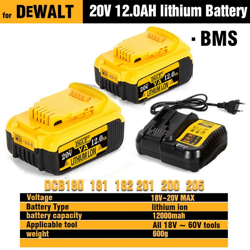 DCB200 20V 12.0Ah Lithium Replacement Battery For Dewalt 18V DCB184 DCB200 DCB182 DCB180 DCB181 DCB182 DCB201 DCB206