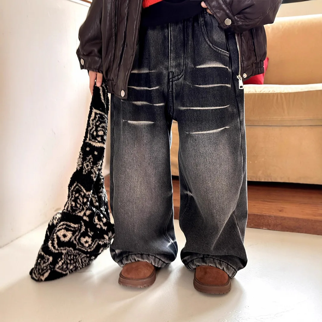 

Children Clothes Boys Fleece Pants Winter Thickened Retro Fleece 2025 New Fashionable Simple Warm Kids Casual Wide-leg Jeans