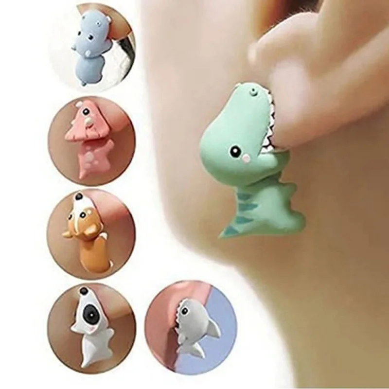 2pcs/1pair Animal Cartoon Stud Earring For Women Cute Dinosaur Little Dog Whale Clay Bite Ear Jewelry Funny Gifts Fashion