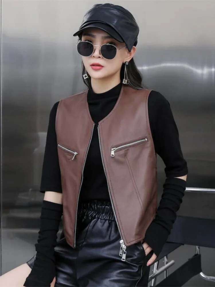 New Women Genuine Leather Vest O-Neck Casual Slim Fit Zipper Motorcycle Biker Sleeveless Sheepskin Jacket Punk Short Waistcoat