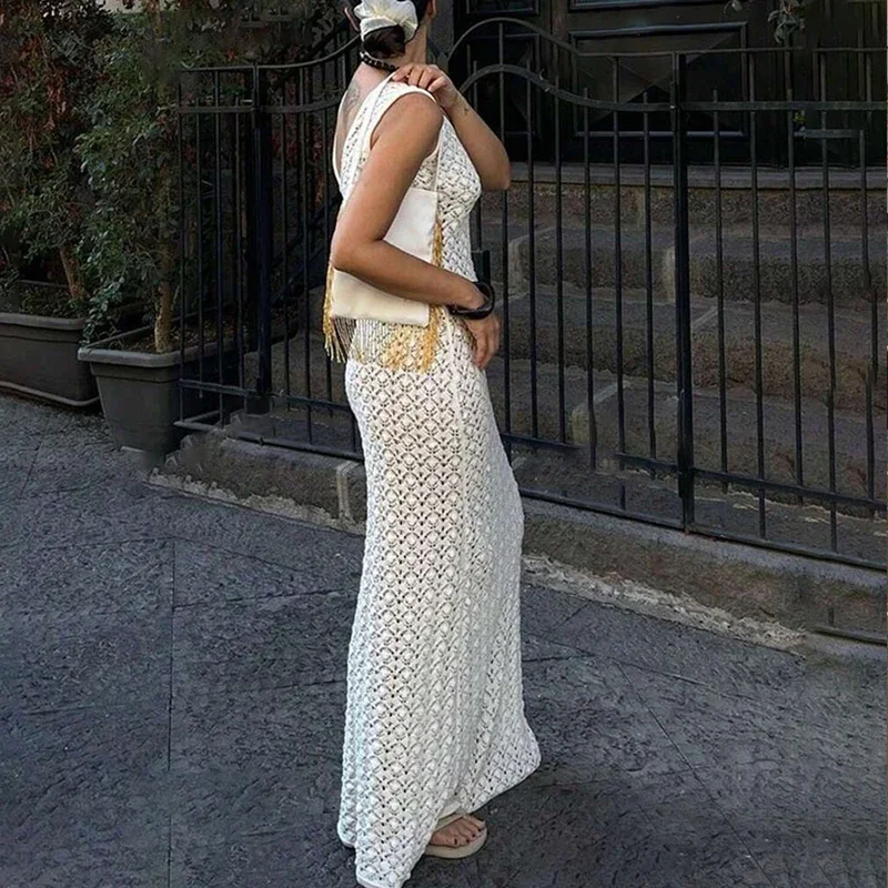 Einfarbig Hohl Gestrickte Strand Urlaub Kleid Elegante Ärmellose Dünne Cover-up Kleid Frauen Sexy Perspektive Bademode Kleid