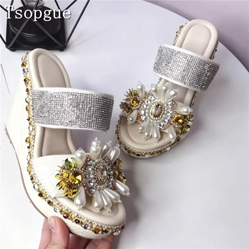 Shiny Rhinestone Beads Decor Wedge Mules Women Hand Sew Pearl Crystal Floral Braided Espadrille Platform Slides for Banquet