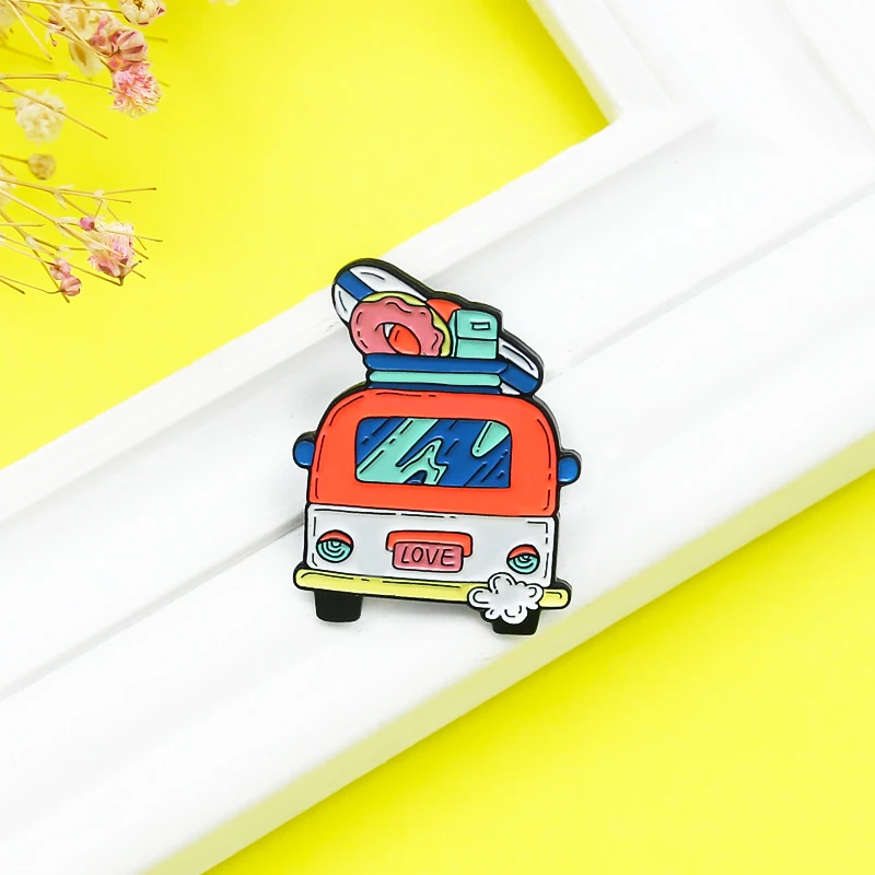 Cartoon Red Bus Enamel Pin Custom Ice Cream Bread Bus Camping Car Brooches Lapel Badge Jewelry Spille For Friends Gift Wholesale