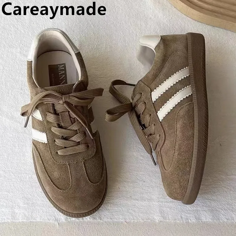 

Careaymade-Genuine Leather Retro Women's Shoes Flat Casual German Training Board Shoes Lace up Round Head Sports Single Shoes