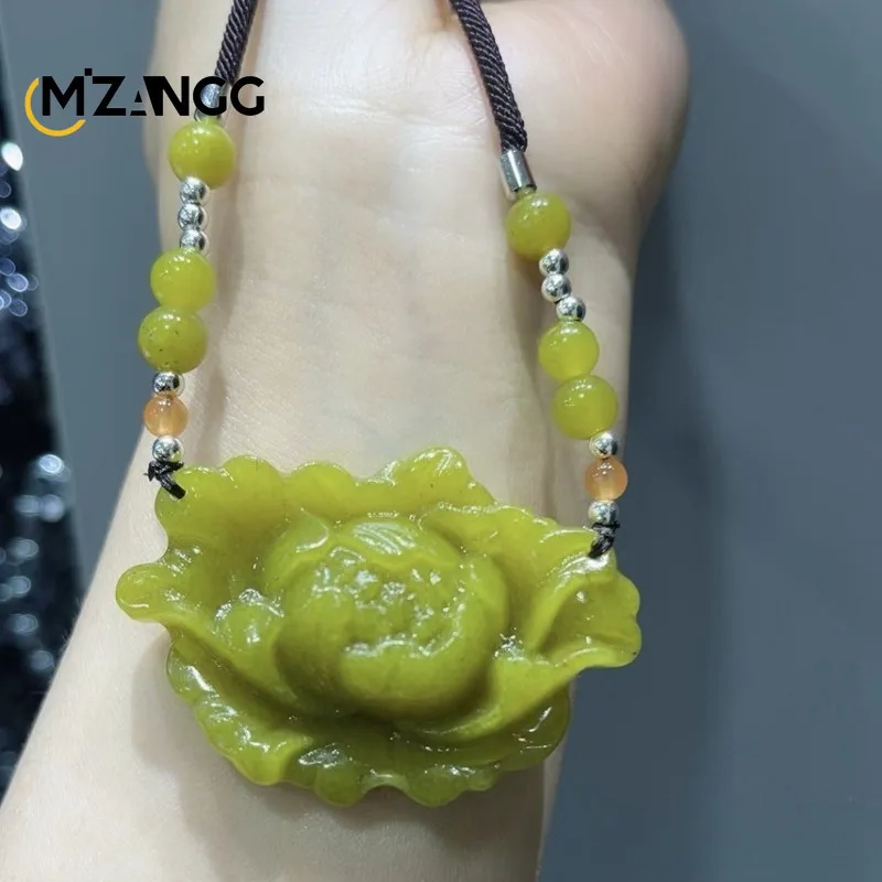 Natural Yellow Jade Dragon and Phoenix Butterfly Pendant Avocado Green Blossom Necklace Jumper Chain Fashion Ladies Holiday Gift