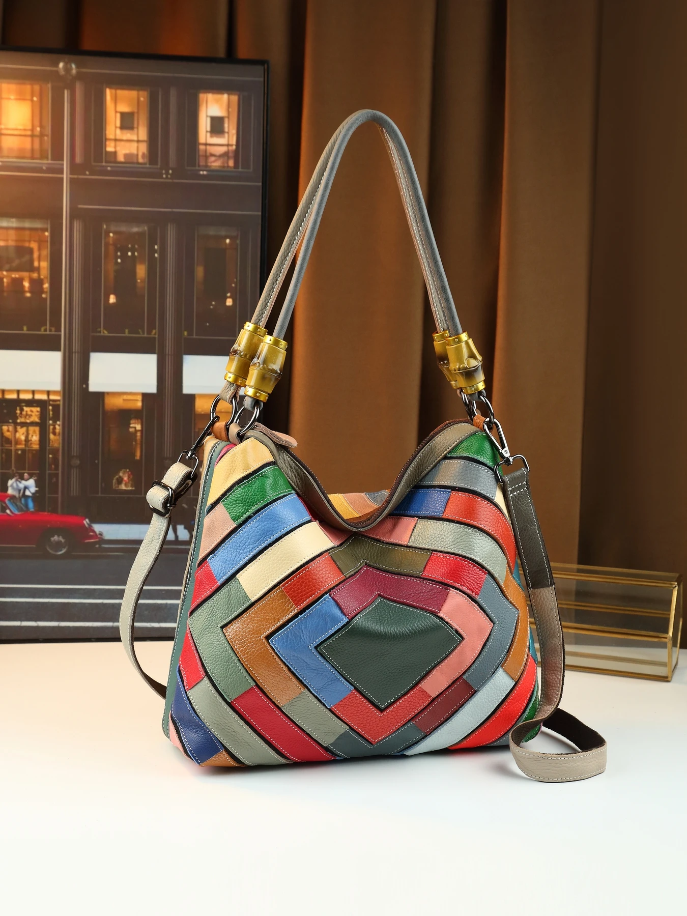 

European and American fashion trends rainbow color block printing new leather shoulder tote bag